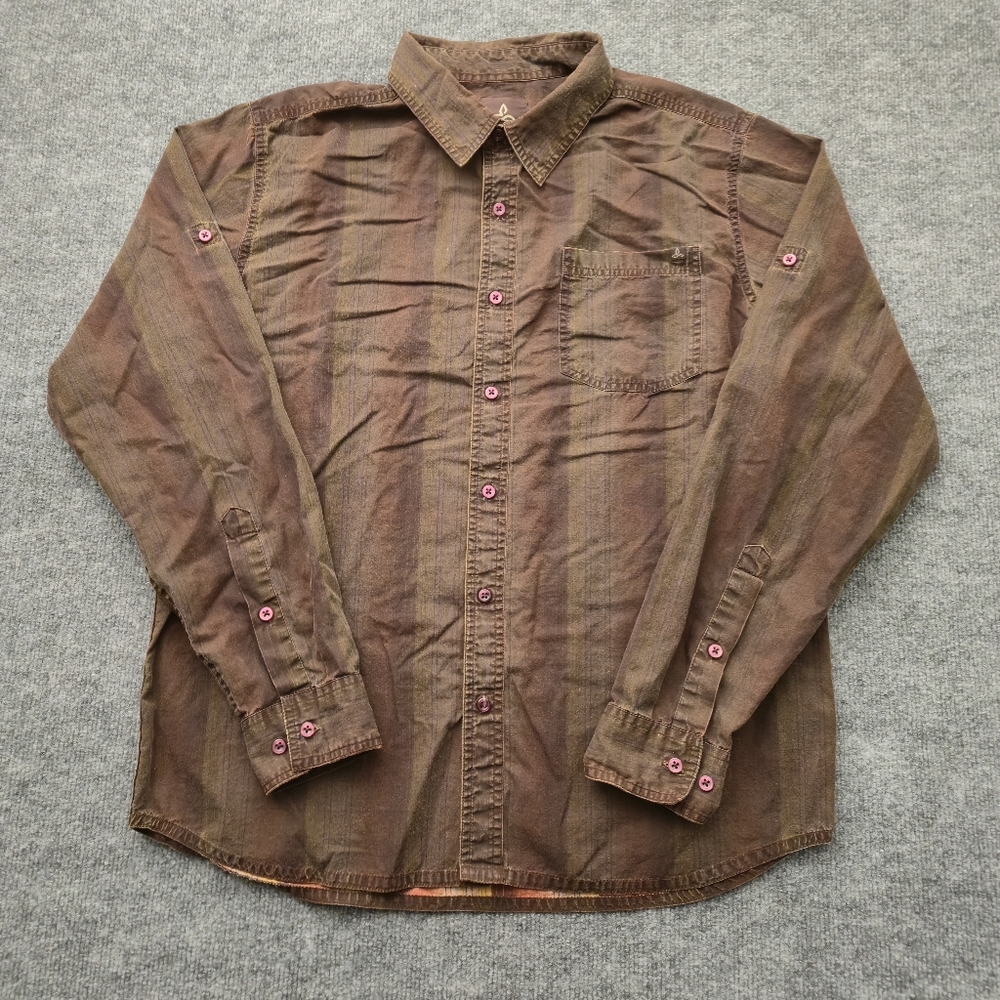 ​Prana Men's L Brown Striped Organic Cotton Long Sleeve Roll-Tab‎ Shirt BREATHe